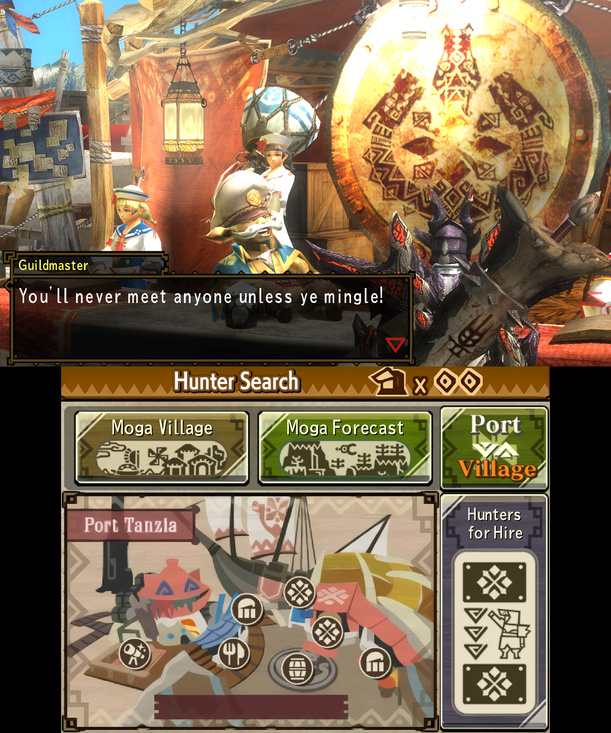 MH3U menu interface showing restored UI elements and lower-screen layout.